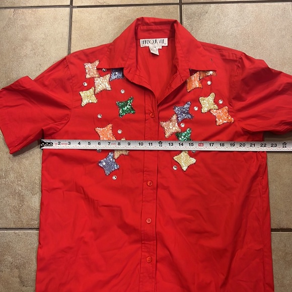 VTG Funky Button Up Red Blouse | Rhinestone & Sequin Star Appliqués - Picture 11 of 11